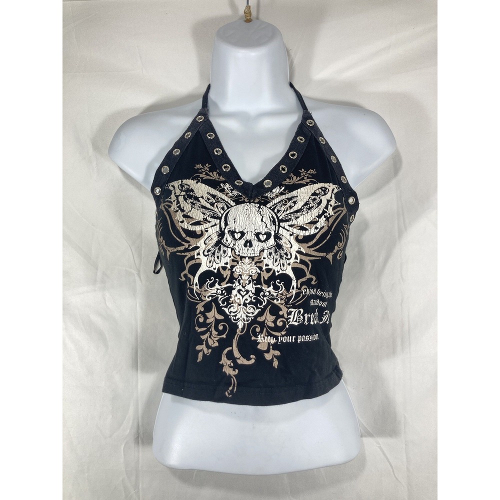Y2K Romwe Punk Gothic Butterflie Skull Tattoo Style Corset Bustier  Size SMALL